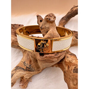 Tory Burch Leather Inlay Hinged Bangle White & Gold Tone Bracelet
